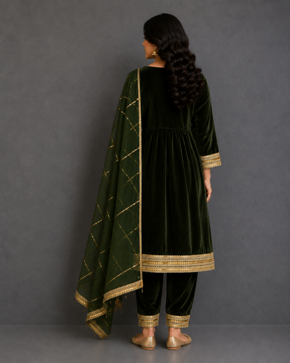 Bottle Green velvet kurta set