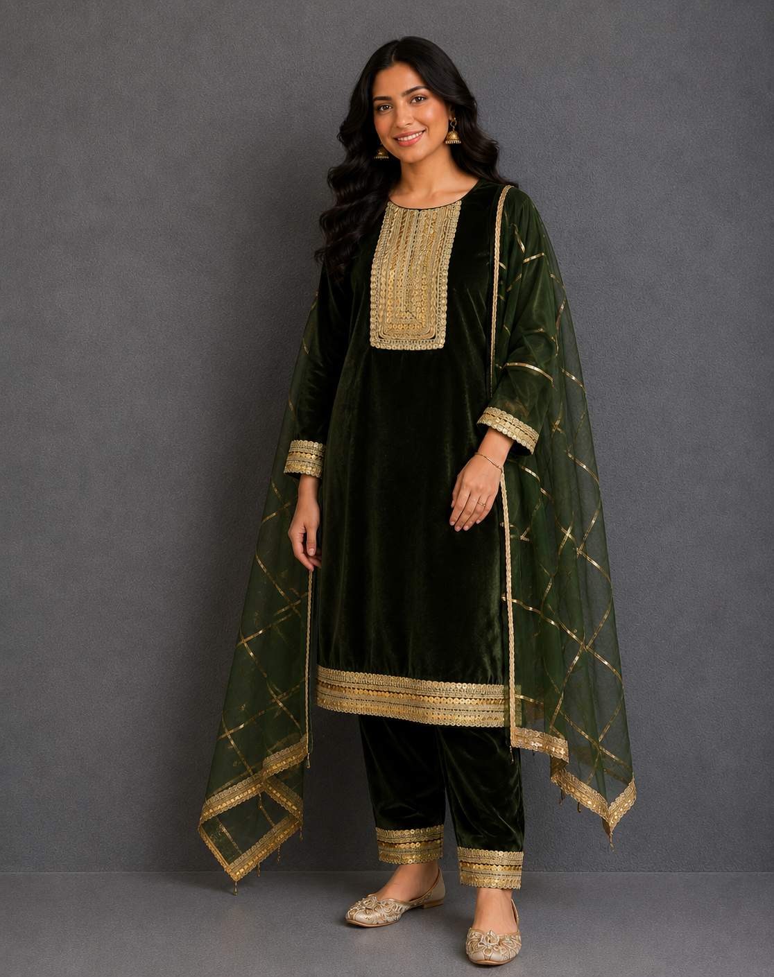 Bottle Green velvet kurta set