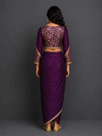 Purple Chanderi blouse with a drape skirt