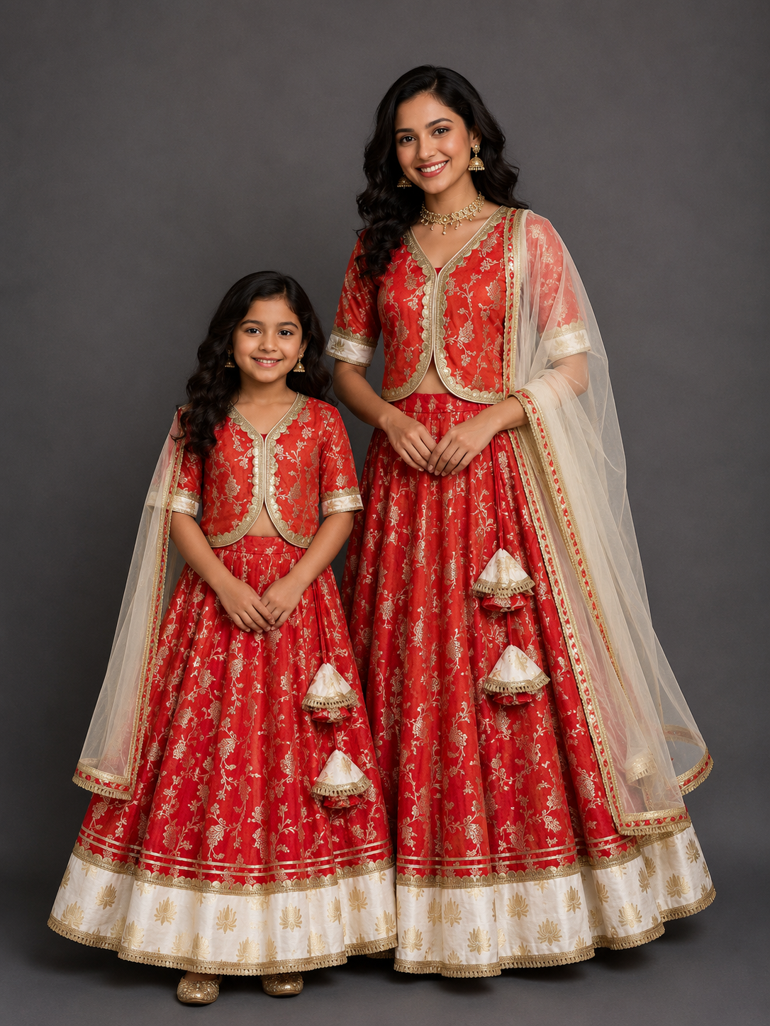Red chanderi lehnga set with lotus highlights