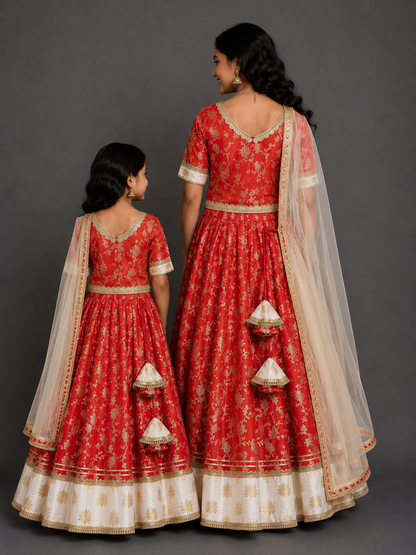 Red chanderi lehnga set with lotus highlights