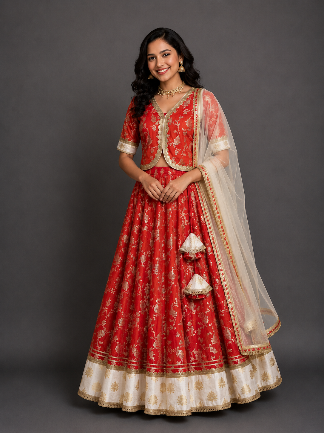 Red chanderi lehnga set with lotus highlights