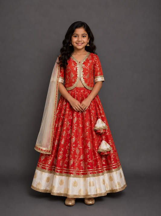 Red chanderi lehnga set with lotus highlights