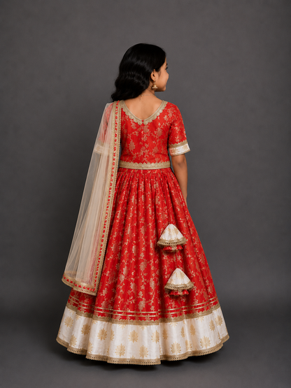 Red chanderi lehnga set with lotus highlights