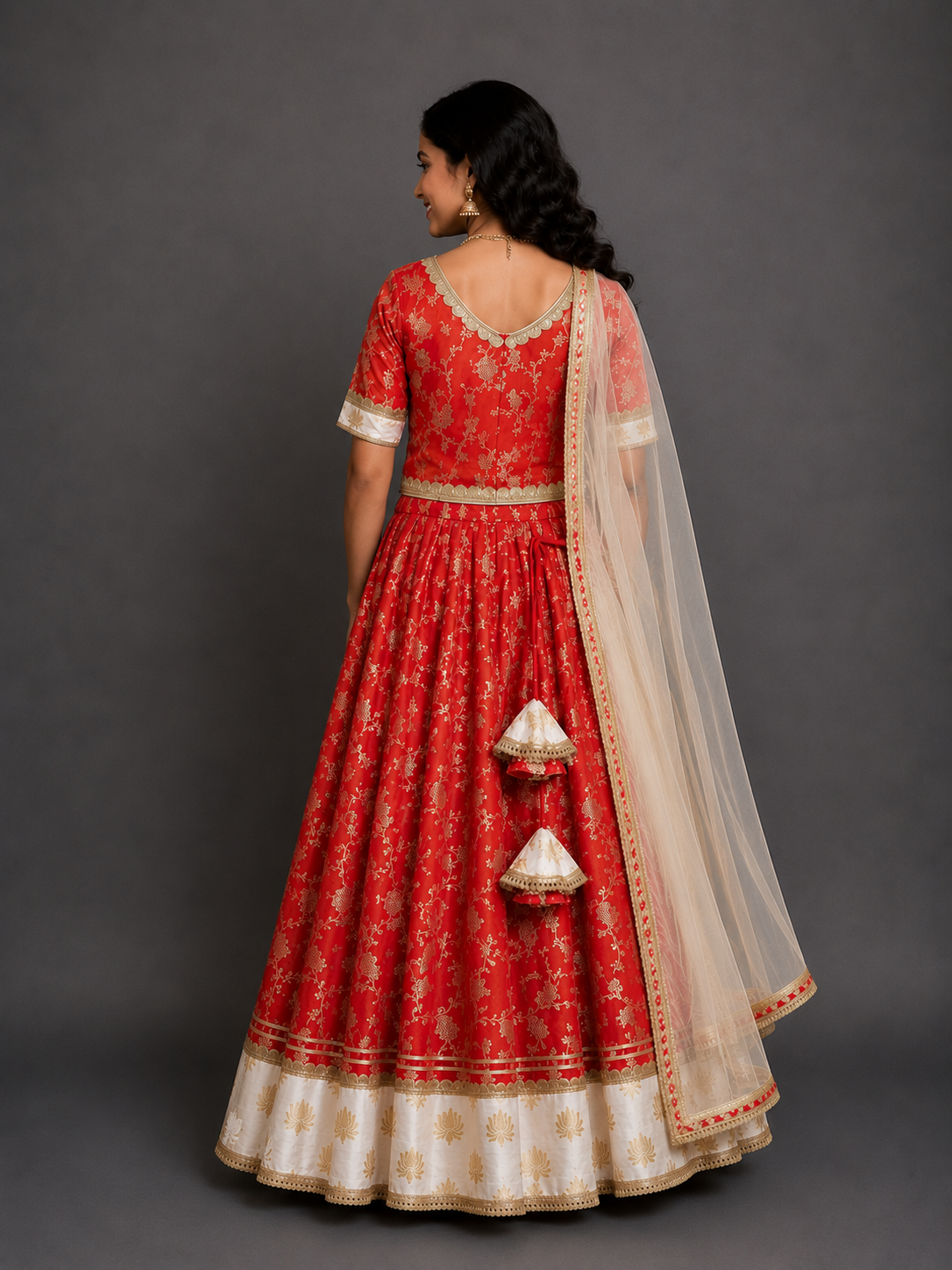 Red chanderi lehnga set with lotus highlights