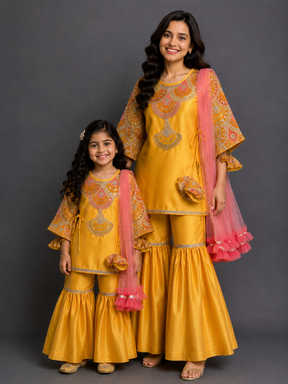 Embroidered Mustard Kurta sharara set With Net Dupatta