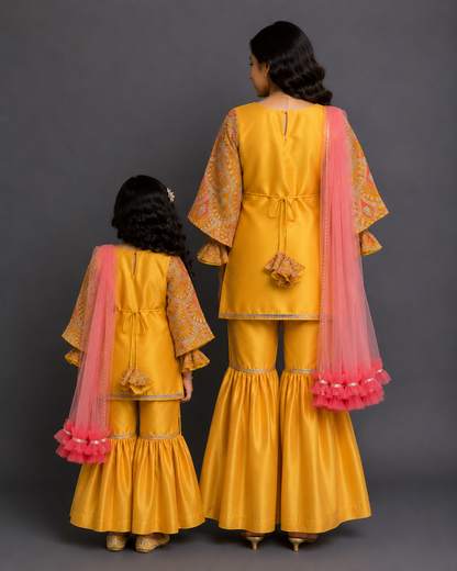 Embroidered Mustard Kurta sharara set With Net Dupatta