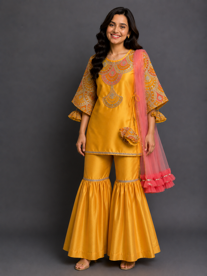 Embroidered Mustard Kurta sharara set With Net Dupatta