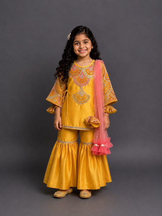 Embroidered Mustard Kurta sharara set With Net Dupatta