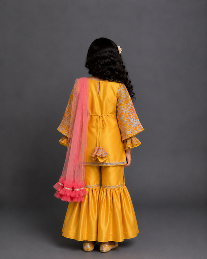 Embroidered Mustard Kurta sharara set With Net Dupatta