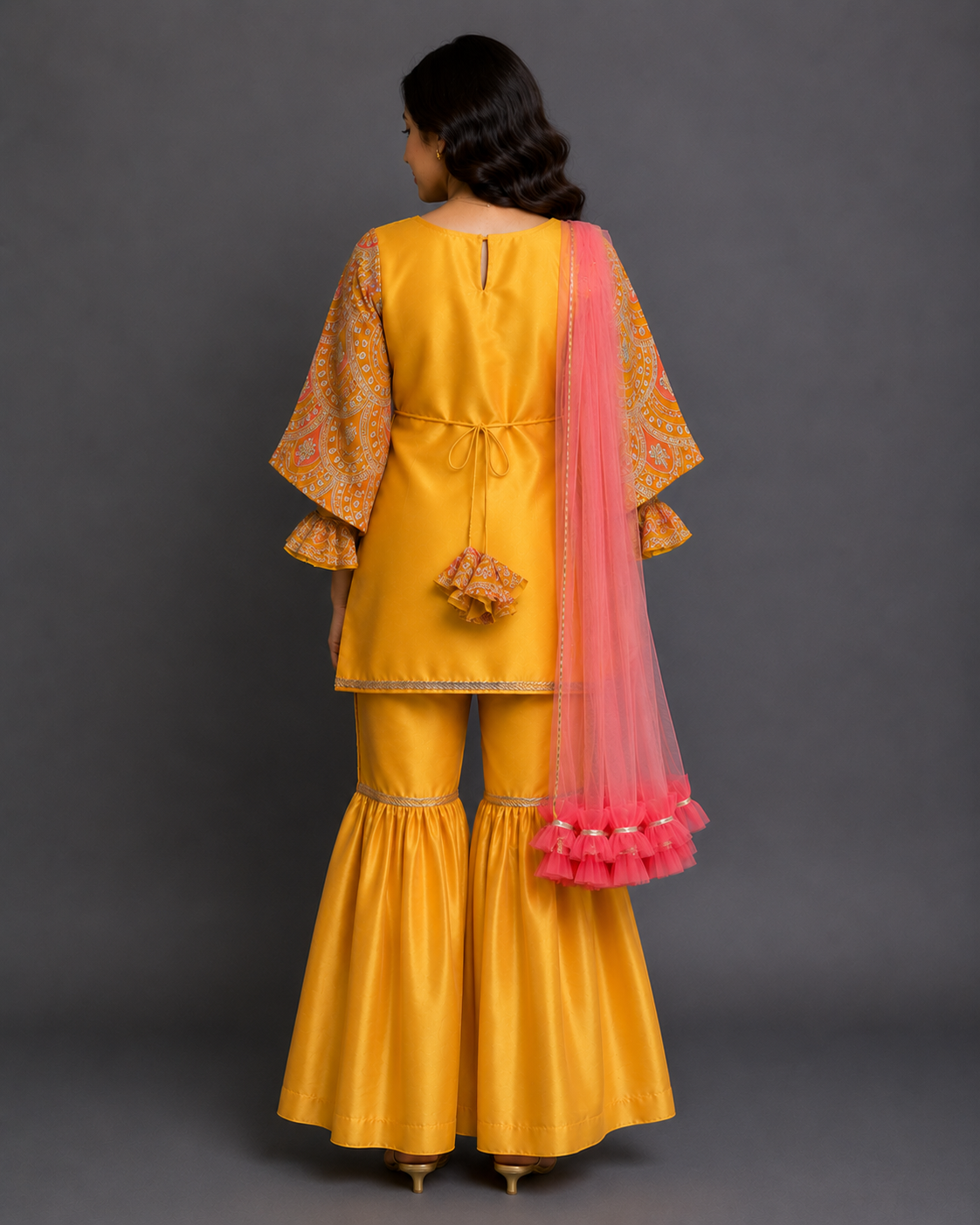 Embroidered Mustard Kurta sharara set With Net Dupatta