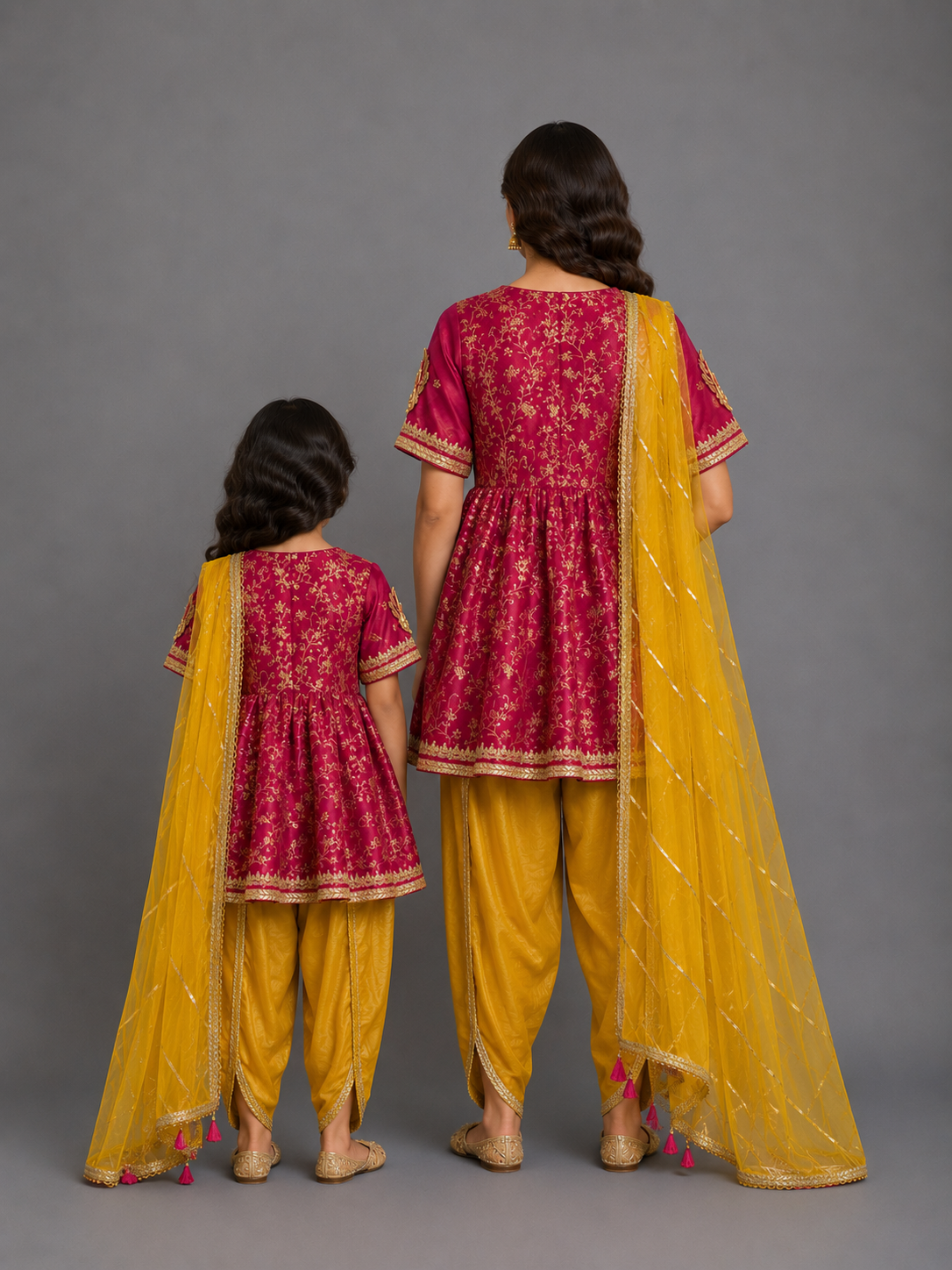 Fuschia pink/Yellow  chanderi frock style dhoti set