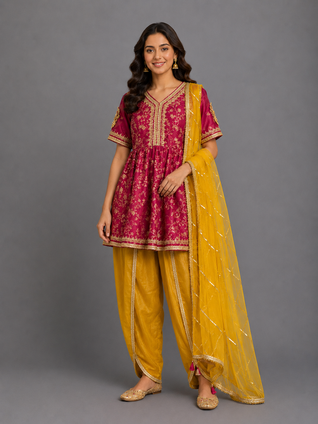 Fuschia pink/Yellow  chanderi frock style dhoti set