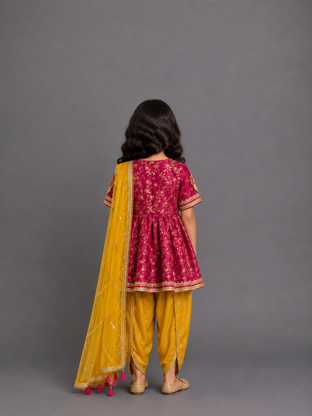 Fuschia pink/Yellow  chanderi frock style dhoti set