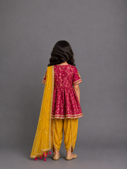 Fuschia pink/Yellow  chanderi frock style dhoti set