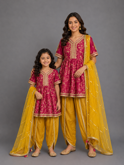 Fuschia pink/Yellow  chanderi frock style dhoti set