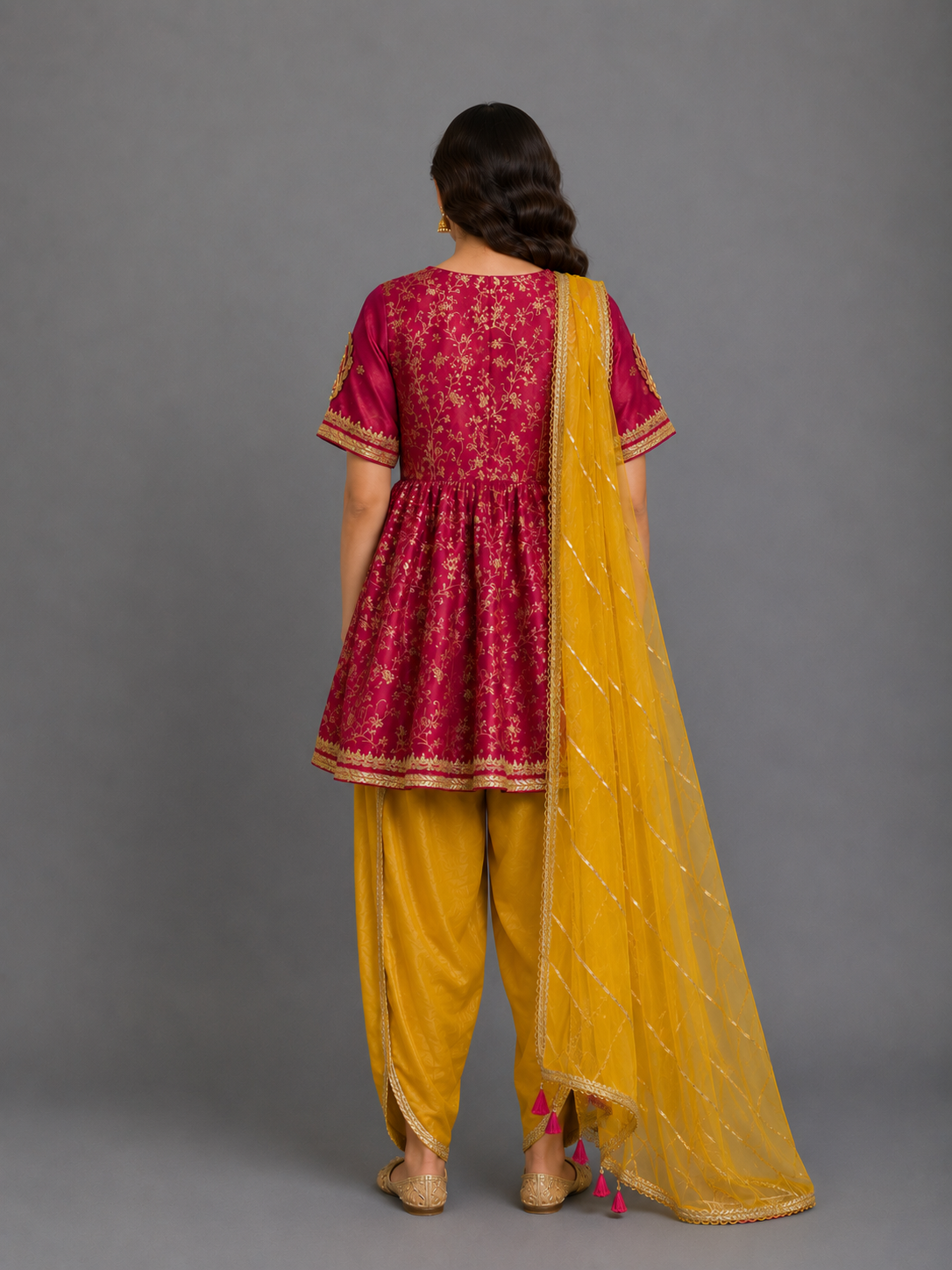 Fuschia pink/Yellow  chanderi frock style dhoti set