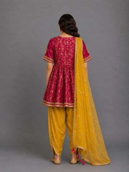 Fuschia pink/Yellow  chanderi frock style dhoti set
