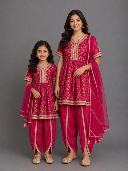 Fuschia pink chanderi frock style dhoti set