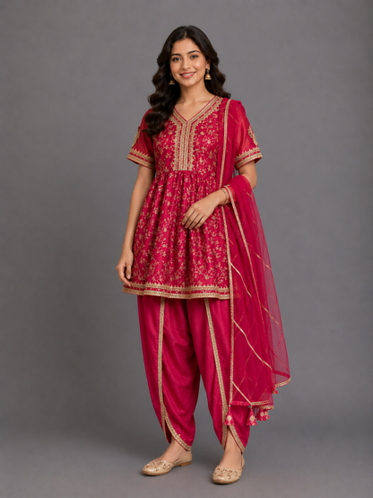 Fuschia pink chanderi frock style dhoti set