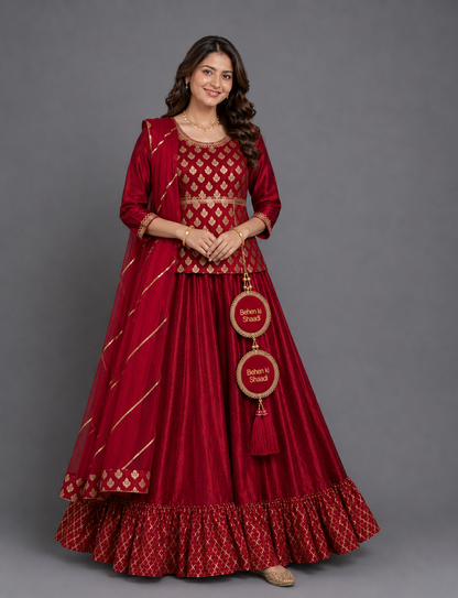 Deep Red peplum chanderi blouse lehnga ( MAASI KI SHAADI)