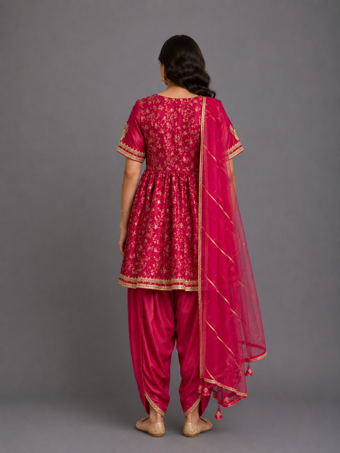 Fuschia pink chanderi frock style dhoti set