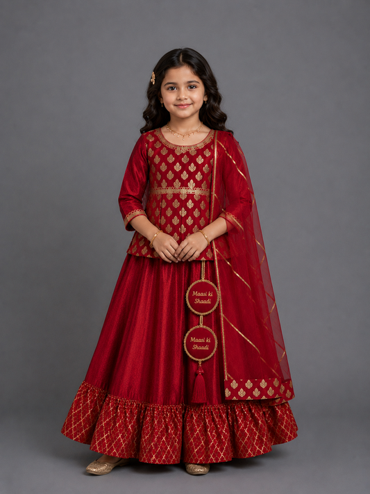 Deep Red peplum chanderi blouse lehnga ( MAASI KI SHAADI)