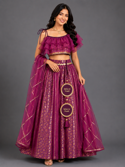 Dusky Purple Off shoulder organza frill chanderi lehnga set(MAASI KI SHAADI)