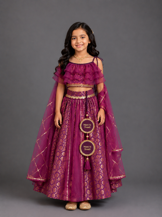 Dusky Purple Off shoulder organza frill chanderi lehnga set(MAASI KI SHAADI)