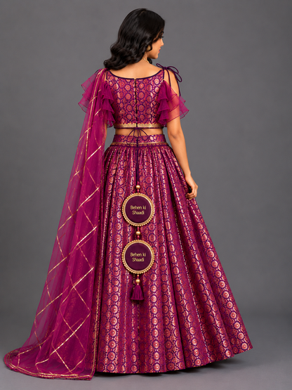 Dusky Purple Off shoulder organza frill chanderi lehnga set(MAASI KI SHAADI)