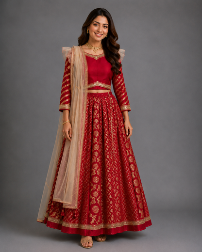 Red Chanderi attached dupatta lehnga set ( FIFI / BUA KI SHAADI)