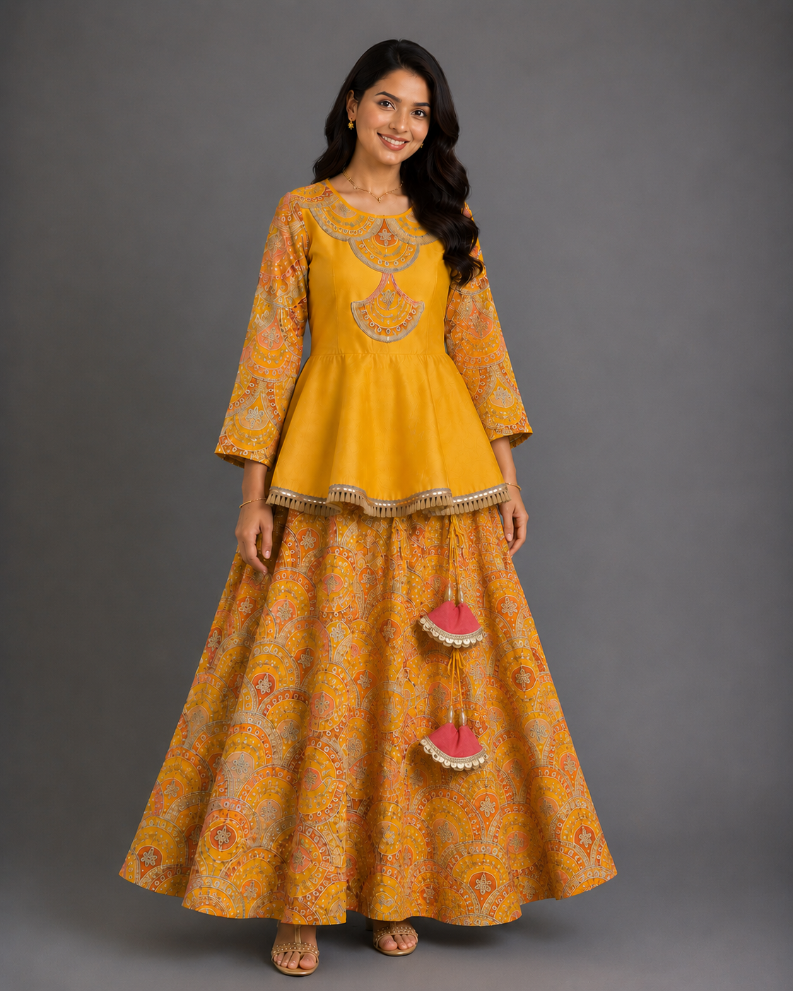 Mustard yellow  Embroidery Peplum  lehenga  set