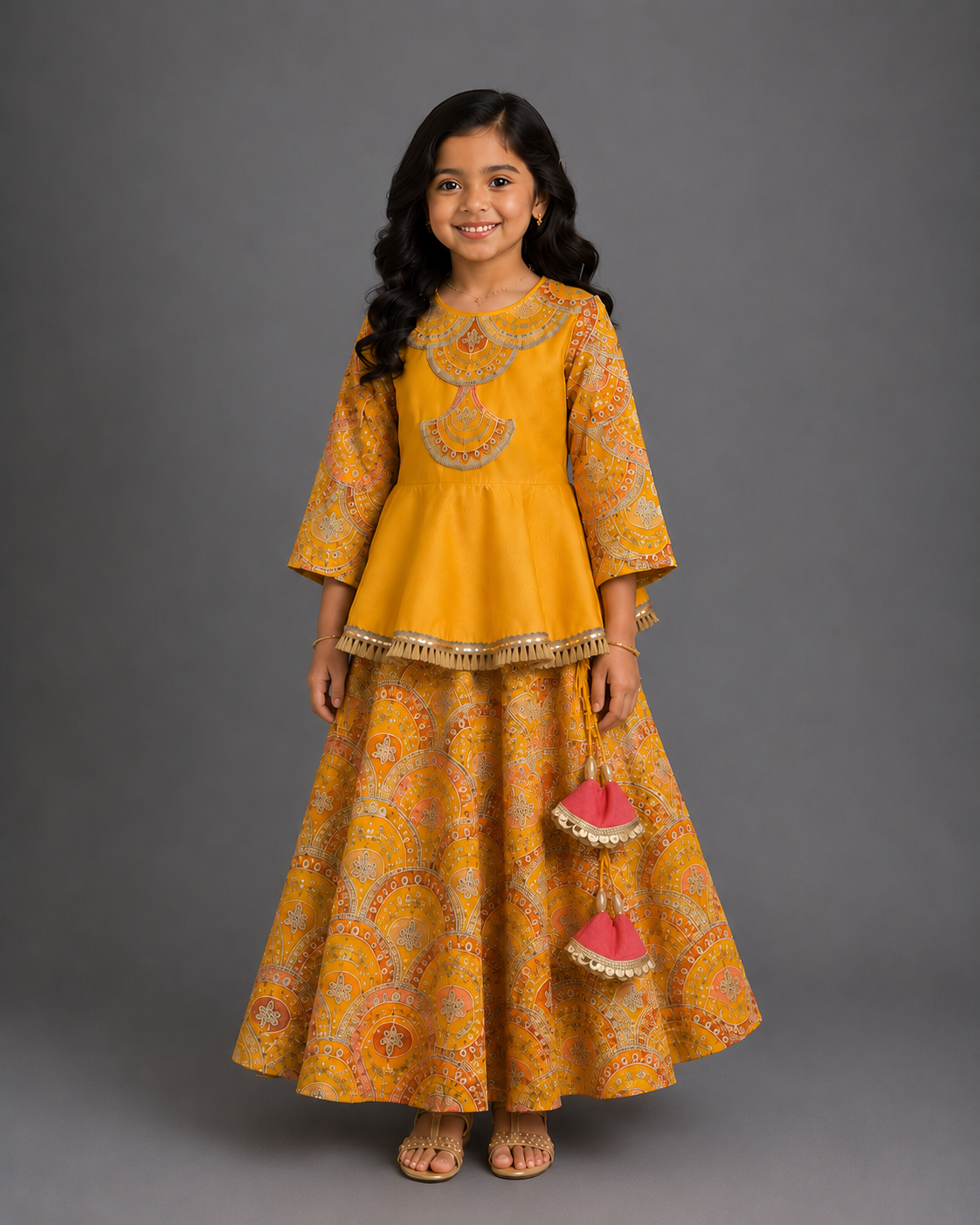 Mustard yellow  Embroidery Peplum  lehenga  set
