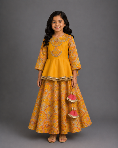 Mustard yellow  Embroidery Peplum  lehenga  set