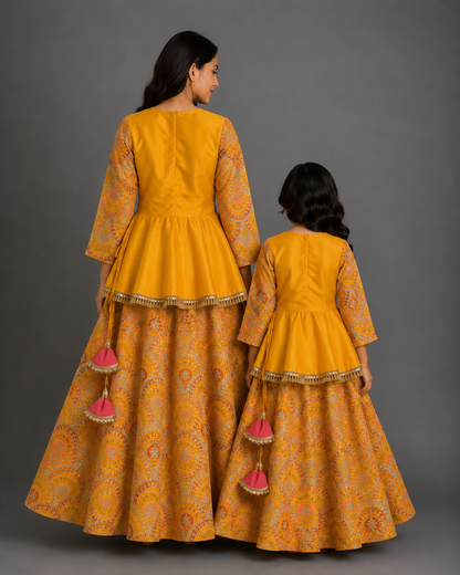 Mustard yellow  Embroidery Peplum  lehenga  set