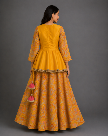 Mustard yellow  Embroidery Peplum  lehenga  set