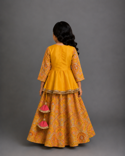 Mustard yellow  Embroidery Peplum  lehenga  set