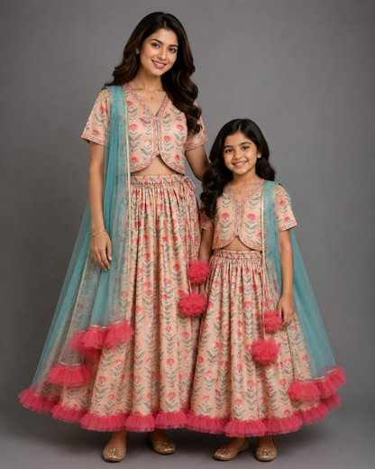 Peach printed Floral Printed Crop Top With Lehenga and Net Dupatta
