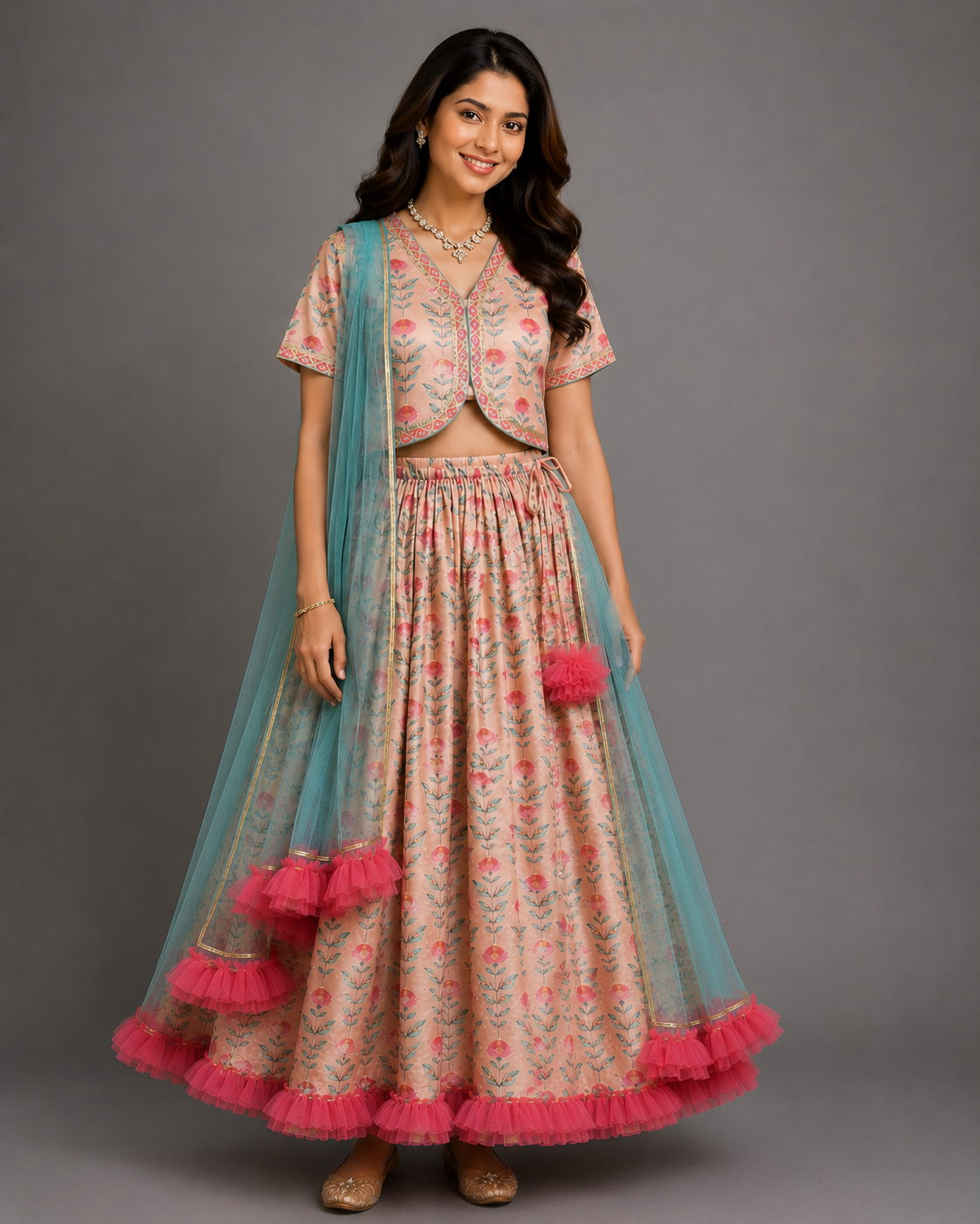 Peach printed Floral Printed Crop Top With Lehenga and Net Dupatta