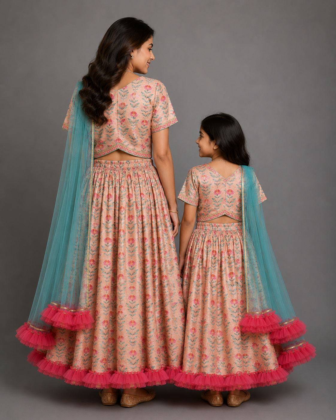 Peach printed Floral Printed Crop Top With Lehenga and Net Dupatta