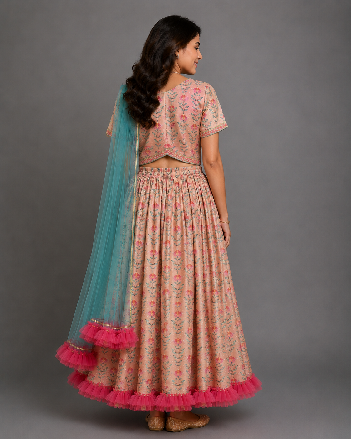 Peach printed Floral Printed Crop Top With Lehenga and Net Dupatta