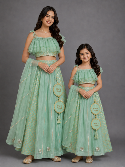 One off shoulder Pastel Green blouse  chanderi Lehnga(MAASI KI SHAADI)