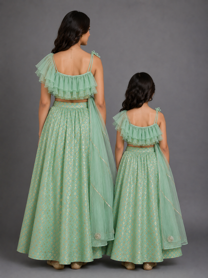 One off shoulder Pastel Green blouse  chanderi Lehnga(MAASI KI SHAADI)