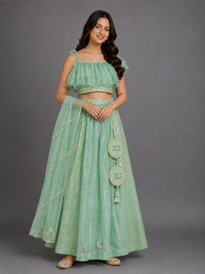 One off shoulder Pastel Green blouse  chanderi Lehnga(MAASI KI SHAADI)