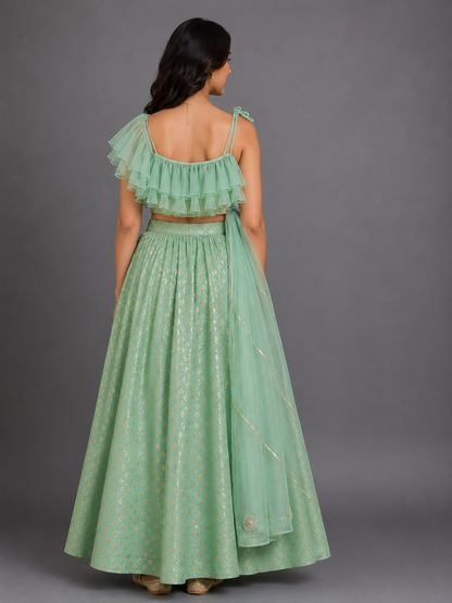 One off shoulder Pastel Green blouse  chanderi Lehnga(MAASI KI SHAADI)