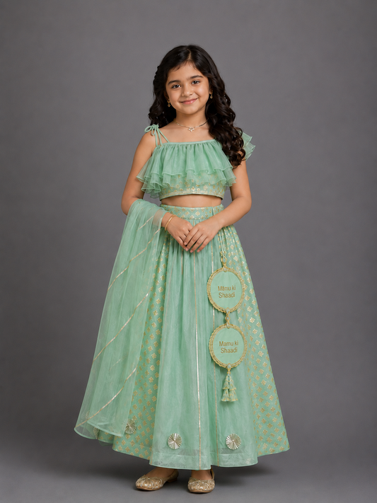 One off shoulder Pastel Green blouse  chanderi Lehnga(MAASI KI SHAADI)