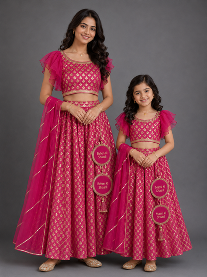 One off shoulder blouse with attached dupatta and chanderi Lehnga(MAASI KI SHAADI)