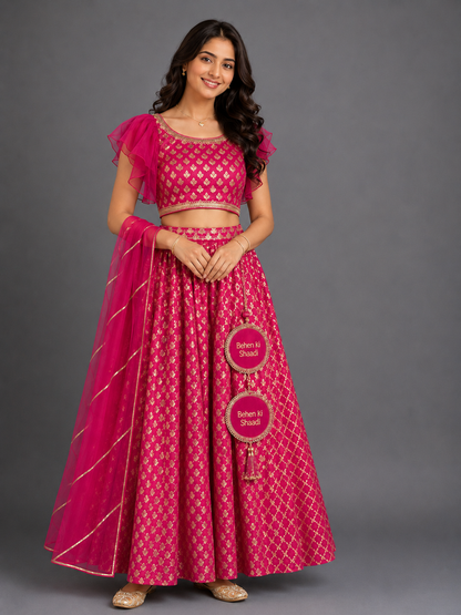 One off shoulder blouse with attached dupatta and chanderi Lehnga(MAASI KI SHAADI)