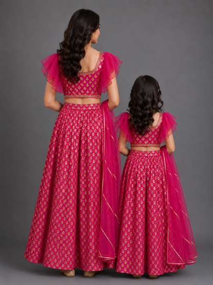 One off shoulder blouse with attached dupatta and chanderi Lehnga(MAASI KI SHAADI)