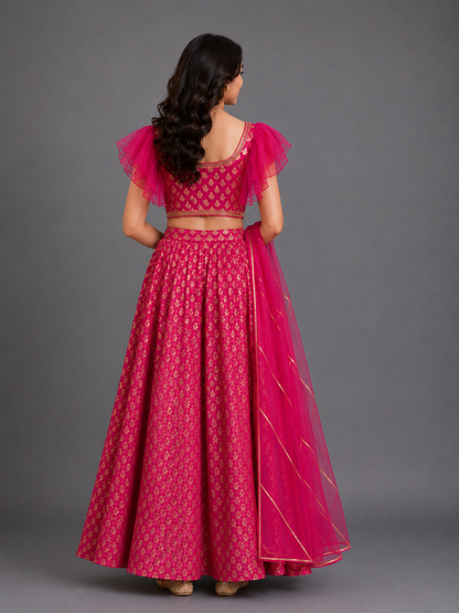 One off shoulder blouse with attached dupatta and chanderi Lehnga(MAASI KI SHAADI)
